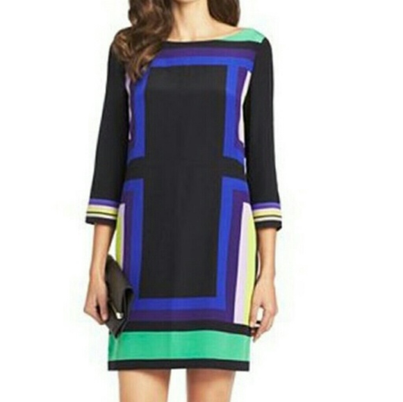 DVF Avery Geometric Colorblock Silk Shift Dress - Picture 2 of 3